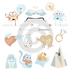 Valentines Day cartoon icon set with Cupids stuff, love envelopes, hearts kitten