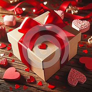 Valentines Day Composition with Gift Box, Red Bow Ribbon, and Hearts on Wood. Generative ai for illustrations