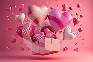 valentines day concept 3D heart shaped balloons flying with gift boxes on pink background.generative ai