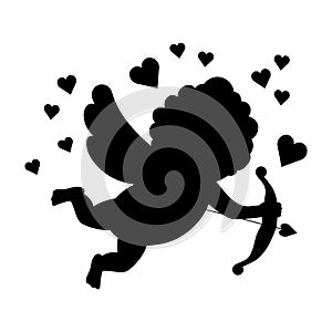 Valentines Day Concept. Black Silhouette of Cupid Shooting His Bow Isolated on the White Background. Flat Style. Vector