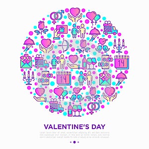 Valentines day concept in circle with thin line icons: couple in love, romantic evening, cupid bow, balloons, envelope, gift car