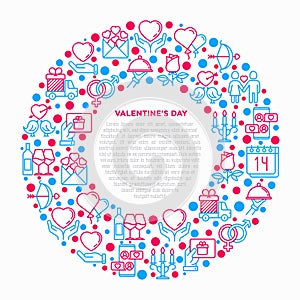 Valentines day concept in circle with thin line icons: couple in love, romantic evening, cupid bow, balloons, envelope, gift car