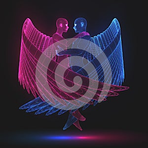 Valentines day concept with cyber angelic characters. 3d low poly style vector illustration