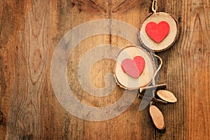 Valentines day concept. hearts over wooden background. Flat lay composition