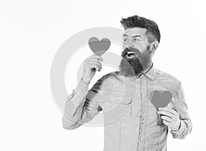 Valentines day concept. Hipster in love celebrates valentines day or sends valentine cards isolated on white background