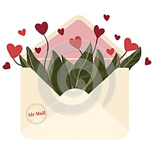 Valentines day concept. Love letter. Flowers with hearts in the envelope in flat cartoons style.  Hand-drawn trendy letter with fl