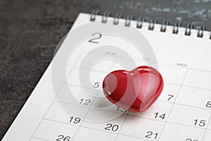 Valentines day concept red lovely heart on 14 Feb calendar
