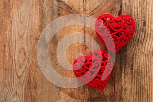 Valentines day concept. red velvet hearts over wooden background. Flat lay composition