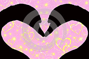 Valentines day concept, silhouette of two swan heads forming a heart shape together, on a pink background with golden