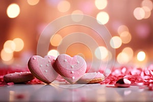 Valentines Day cookies, The pink hearts bokeh background should feature sparkling lights, creating a dreamy and magical ambiance