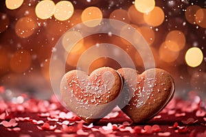 Valentines Day cookies, The pink hearts bokeh background should feature sparkling lights, creating a dreamy and magical ambiance