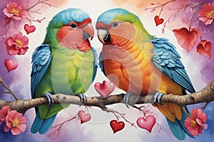 Valentines day. A couple of colorful birds paiting. AI generated