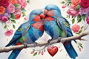 Valentines day. A couple of colorful birds paiting. AI generated