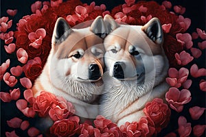 Valentines Day Cuddling Animals - Akita Couple2 (Generative AI)