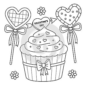 Valentines Day Cupcake and Candies Coloring Page