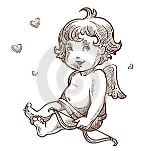 Valentines day cupid angel with wings and bow sketch