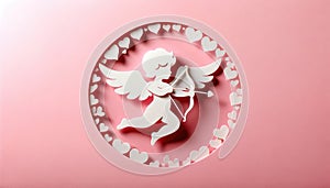 Valentines day cupid with bow and arrow on pink background. Generative AI