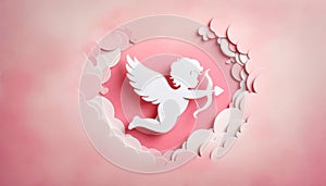 Valentines day cupid with bow and arrow on pink background. Generative AI