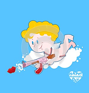 Valentines day. Cupid on cloud. Funny Angel with gun.