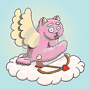 Valentines Day, Cupid Pink Cat Heaving a Break on the Cloud with Cupid Arrow and Bow