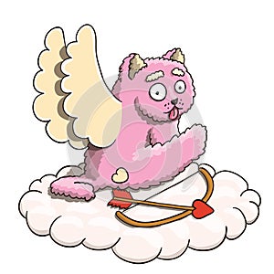 Valentines Day, Cupid Pink Cat Heaving a Break on the Cloud with Cupid Arrow and Bow on White Background