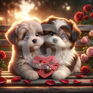 Valentines Day Cute Adorable Couple Puppies Small Animals Forest Woodland Critters Winter Canada AI Generated