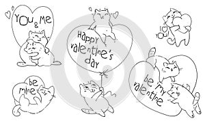 Valentines Day with cute cartoon cats. Black and white character