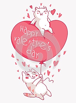 Valentines Day with cute cartoon cats. Cat holding a large heart-shaped balloon