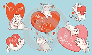 Valentines Day with cute cartoon cats. Colorful cartoon character