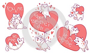 Valentines Day with cute cartoon cats. Greeting card template