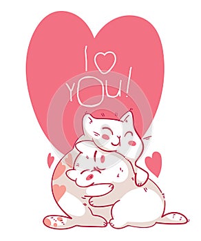 Valentines Day with cute cartoon cats. I love you. Cute kitties hugging
