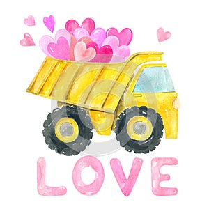 Valentines day Cute cartoon illustration of construction yellow excavator truck isolated on white background Hand