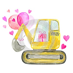 Valentines day Cute cartoon illustration of construction yellow excavator truck isolated on white background Hand