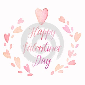 Valentines day cute kawaii watercolor hearts wreath with lettering, holiday card layout