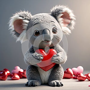 Valentines day. A cute koala cub holding a heart. AI generated