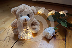 Valentines day - Cute teddy with heart shaped fairy lights and a white rose on wooden floor