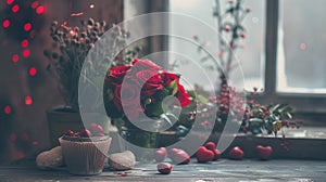 Valentines day decorated table with hearts and roses in a cosy setting