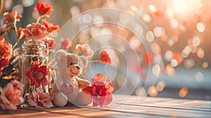 Valentines day decorated table with a teddybear holding a heart leaning at flowers in red and pink, bright setting. Copyspace