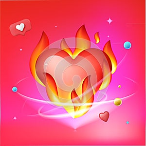 Valentines day design with burning heart on pink background, vector image