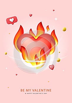 Valentines Day design. Composition with burning heart, vector illustration.