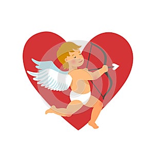 Valentines Day design. funny cupid with bow and arrow on red heart background.