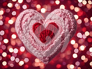 Valentines day design with knitted heart on bokeh background