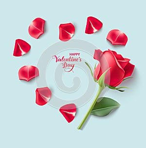 Valentines day design templates. Blue background with red rose and heart shape of petals.