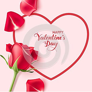 Valentines day design templates. Pink background with heart shape, red rose and petals.