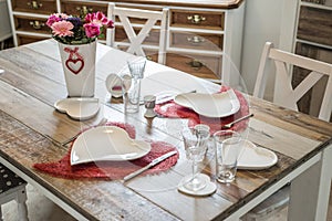 Valentines day dinner setting romantic love for two wooden table red heart shape Copy space