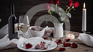 Valentines day dinner with table place setting with red gift, glass for champagne, a bottle of champagne, pink roses, generative