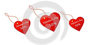 Valentines day discount offer tag and label in form of red heart isolated on white background.
