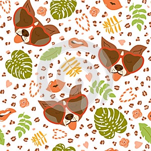 Valentines day dog pattern with funny dog wears sunglasses in heart shape into tropical jungle leaves full of romantic