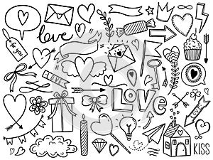 Valentines day doodle set, objects for concept and design, vector illustration flat. Heart, key, bow, crown, sweets, love letter