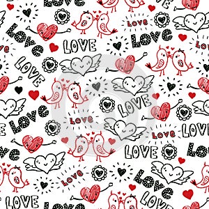 Valentines day doodles seamless pattern. Kissing birds, flying hearts, Love scribbles in red and black. Repeating hand